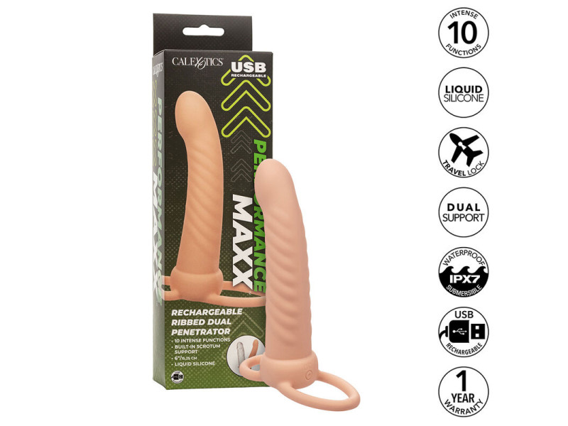 CALEXOTICS - MAXX RIBBED DUAL PENETRATOR 10 VIBRATIONS FLESH