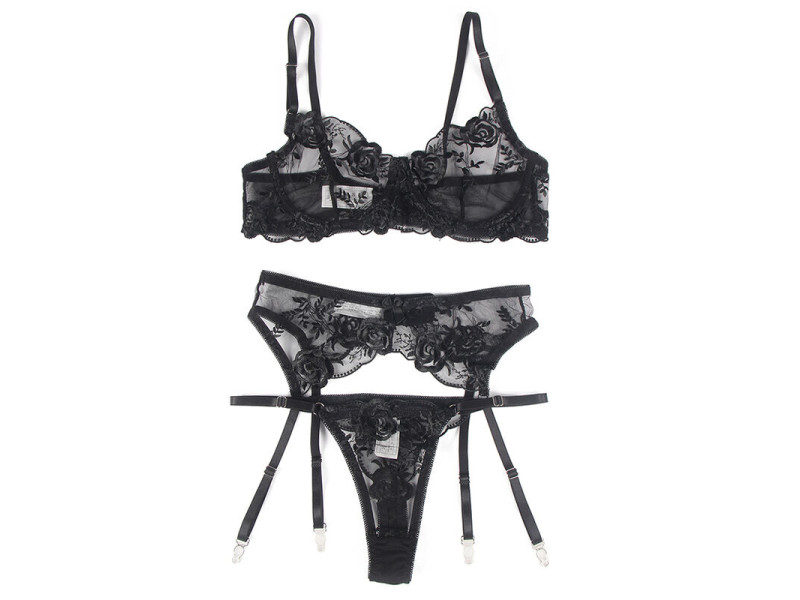 SUBBLIME - 945237 BRA + PANTIES WITH GARTER BELT FLORAL DESIGN BLACK S/M