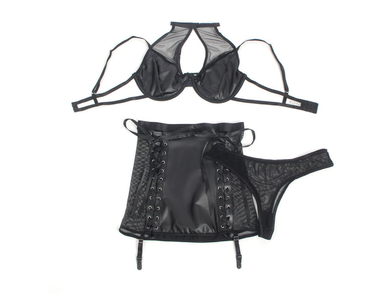 SUBBLIME - 957599 LEATHER BRA AND SKIRT SET BLACK L/XL