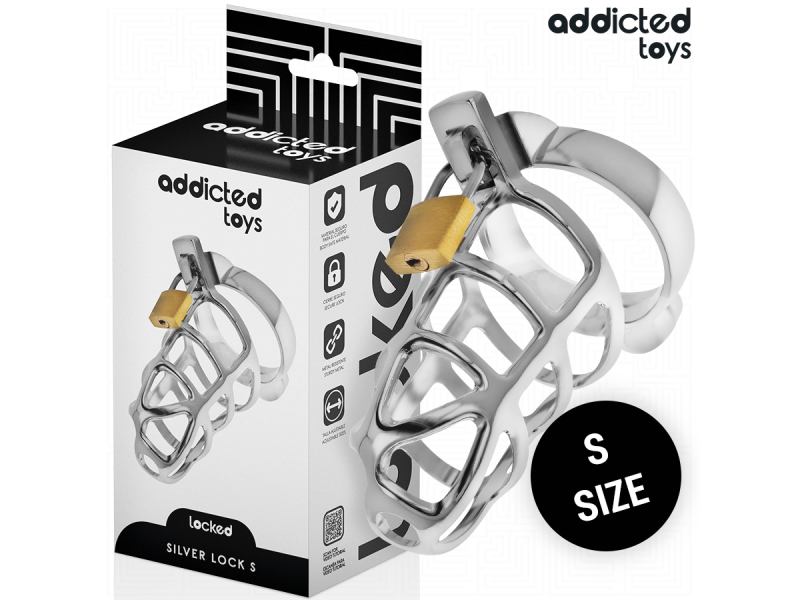 ADDICTED TOYS LOCKED - SILVER LOCK METAL PENIS CAGE SIZE S