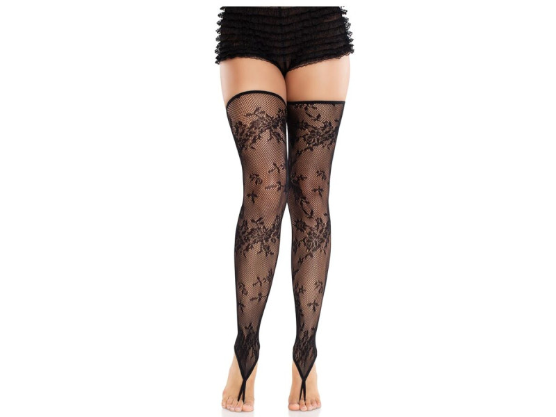LEG AVENUE - FLORAL LACE FOOTLESS STOCKINGS BLACK