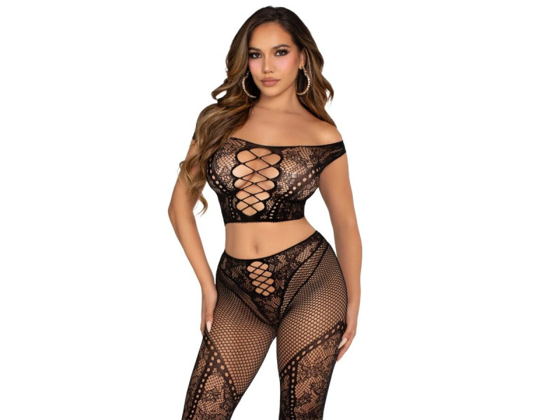 LEG AVENUE - CROP TOP AND FISHNET LEGGING WITH BARE SHOULDERS BLACK