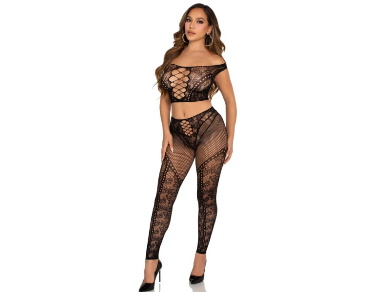 LEG AVENUE - CROP TOP AND FISHNET LEGGING WITH BARE SHOULDERS BLACK